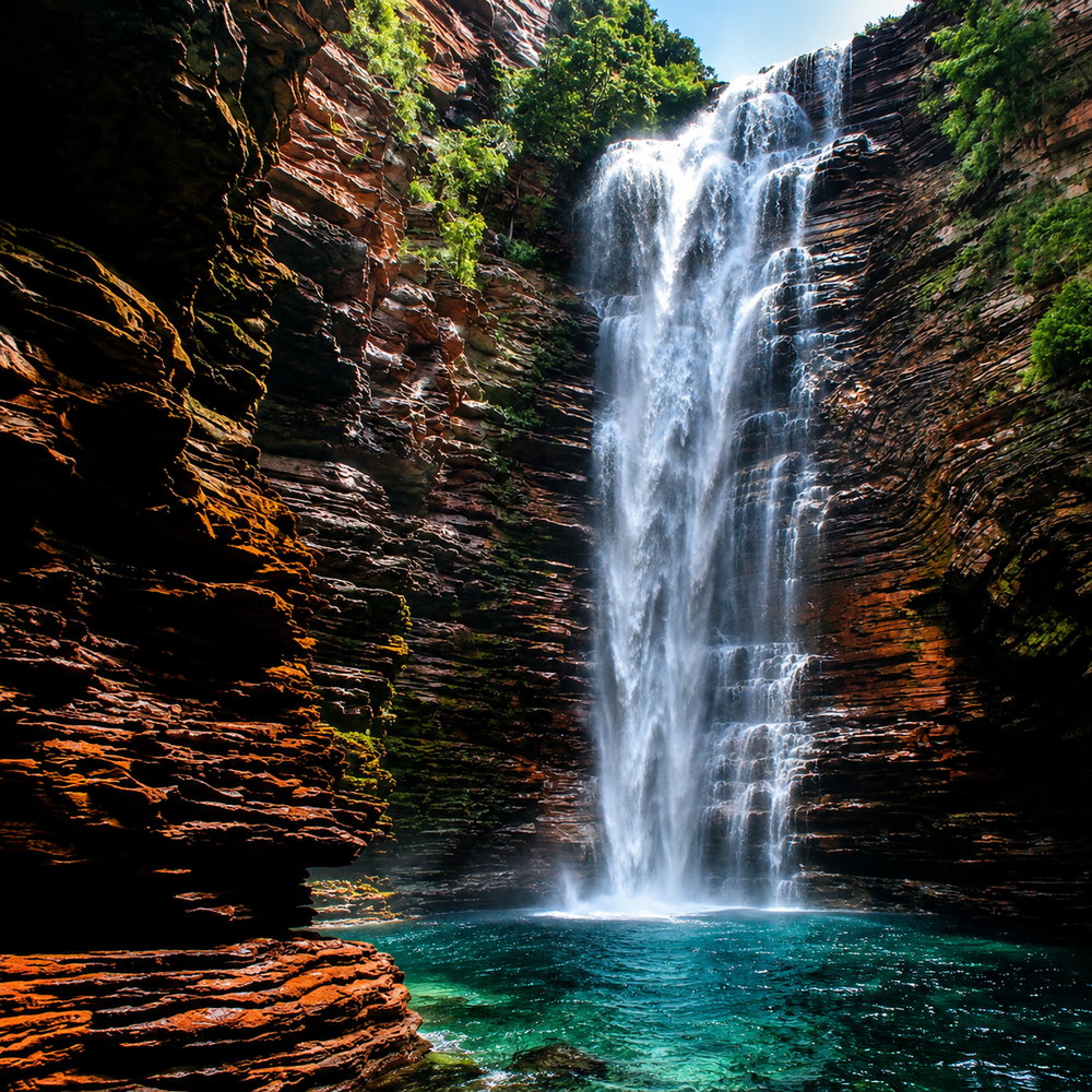Cachoeira caindo sobre paredão de rocha ocre, cercada de mata, formando um poço de água turquesa